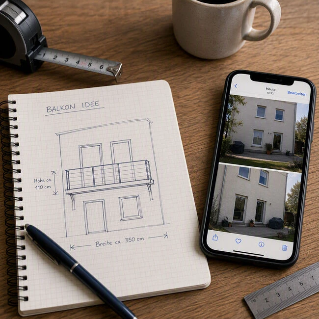 Architekturzeichnungen und Smartphone mit Hausansicht auf Holzuntergrund